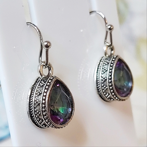 Mystic Topaz Purple Blue Green Rainbow Teardrop Pierced Silver Tone Earrings NEW - Picture 7 of 12